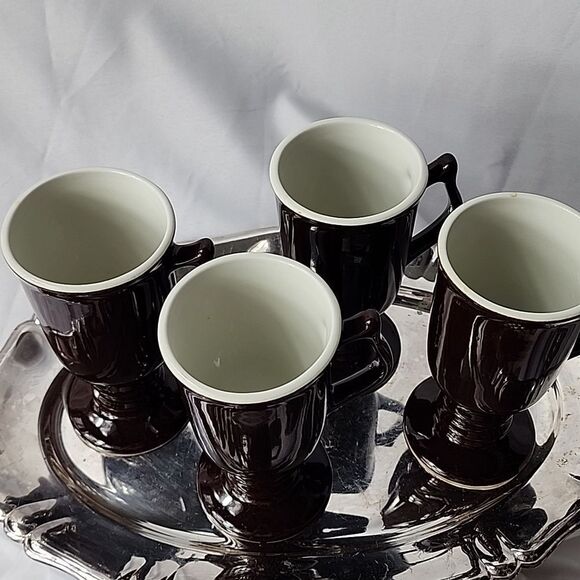 Vintage Chocolate Brown Hall Pottery Pedestal Mugs Set of 4 - Picture 4 of 14